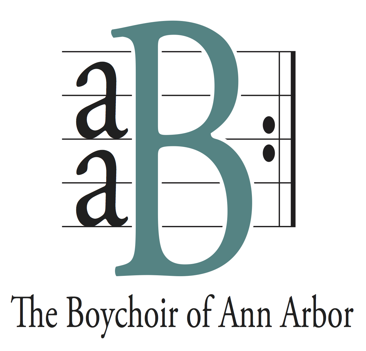 Boychoir Logo with large teal B and 2 small black a on a background of lines similar to a musical staff